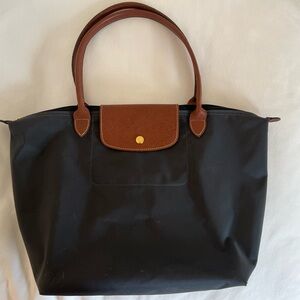 Longchamp Le Pliage Shopping Modele Depose - Medium - Navy Blue/Brown Leather